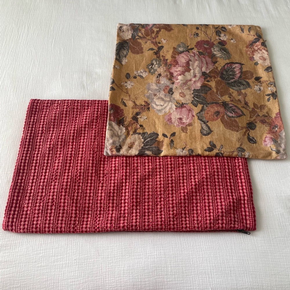 2 Pottery Barn Brick Red Pillow 16X26 & Linen Floral Fall Rustic Linen Cotton
